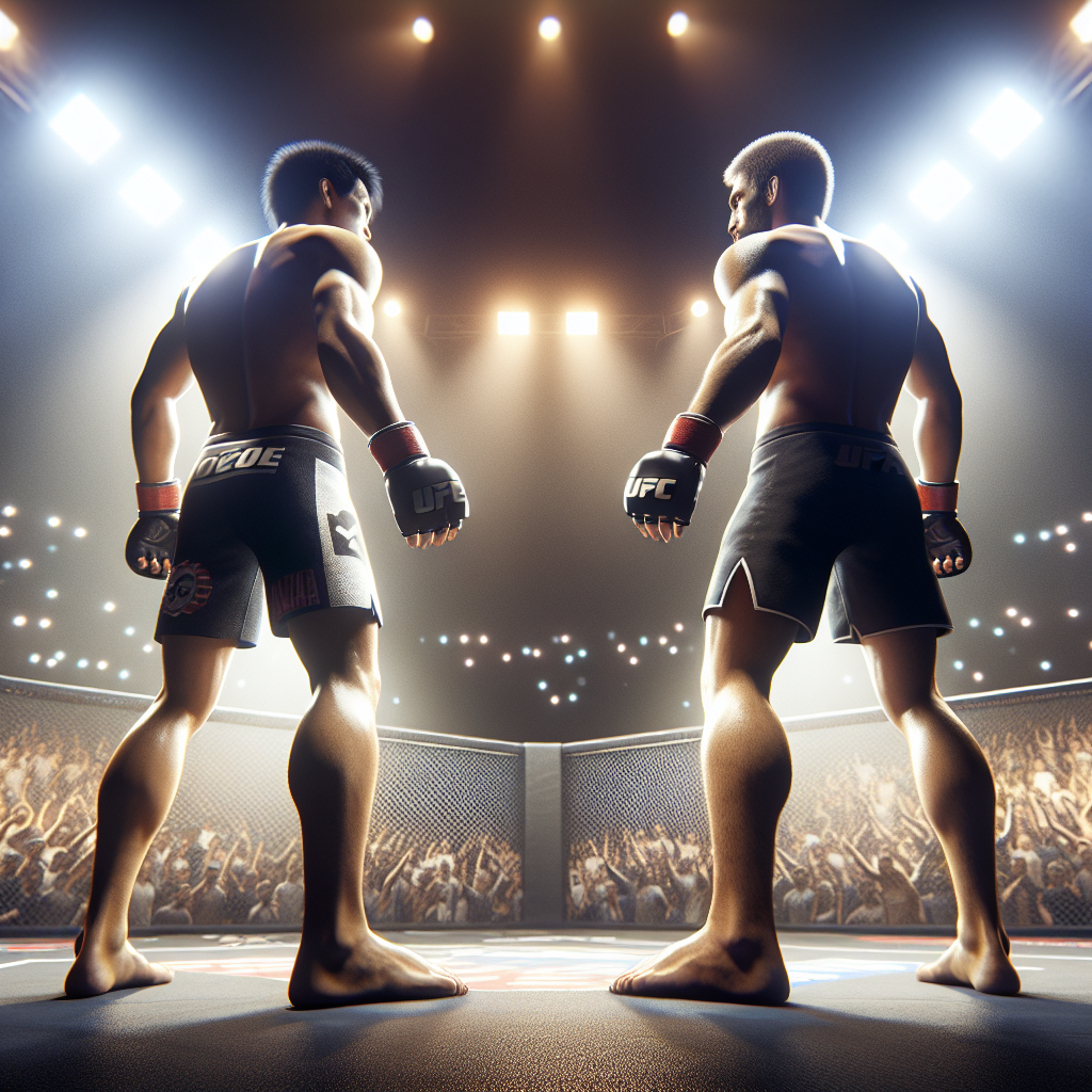 Anonymous MMA contenders touch gloves in octagon before title fight, editorial preview.